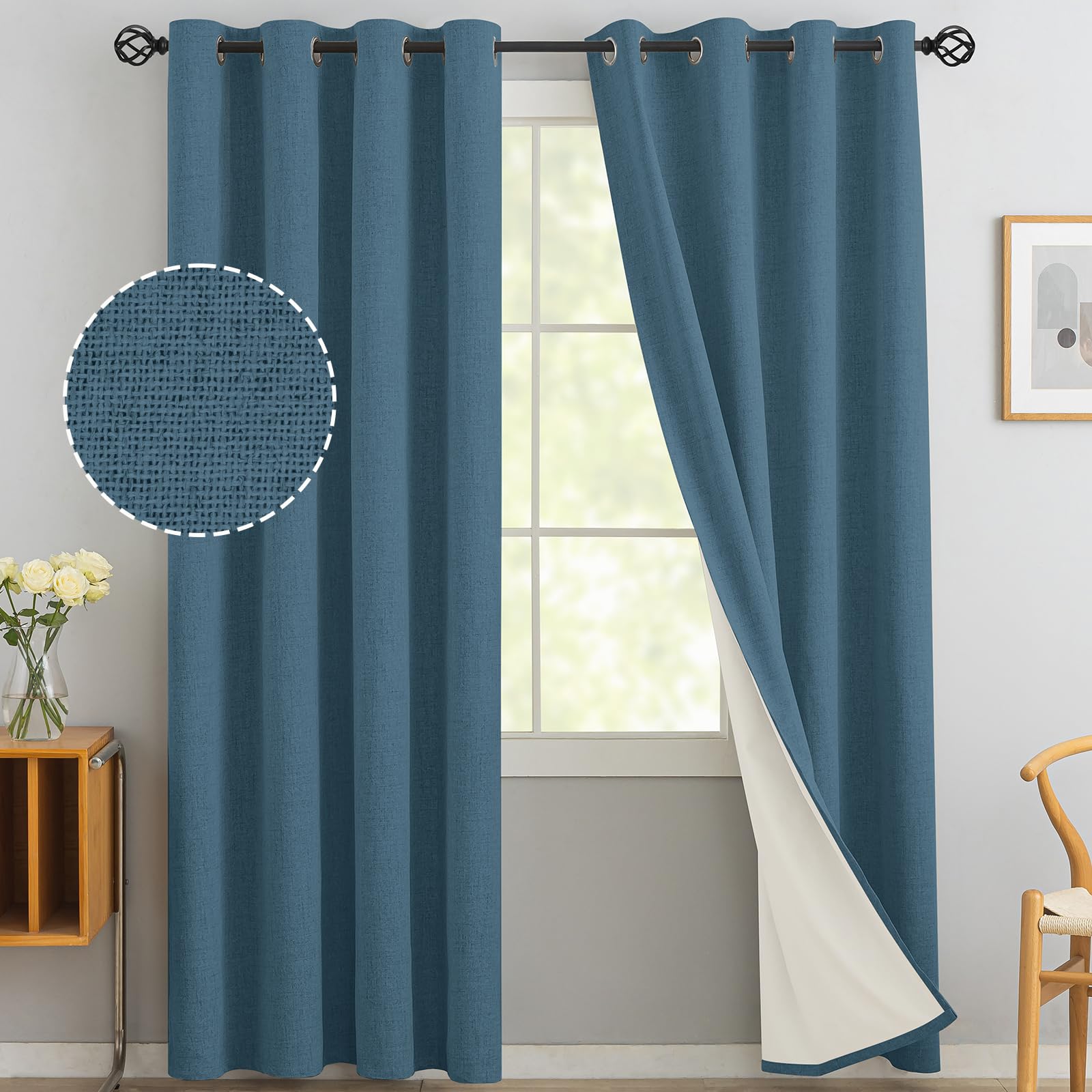 Yakamok Dusty Blue Linen Curtains 100% Blackout 96 Inches Long,Room Darkening Textured Drapes for Living Room Thermal Grommet Bedroom Curtains 2 Panels with White Liner Image