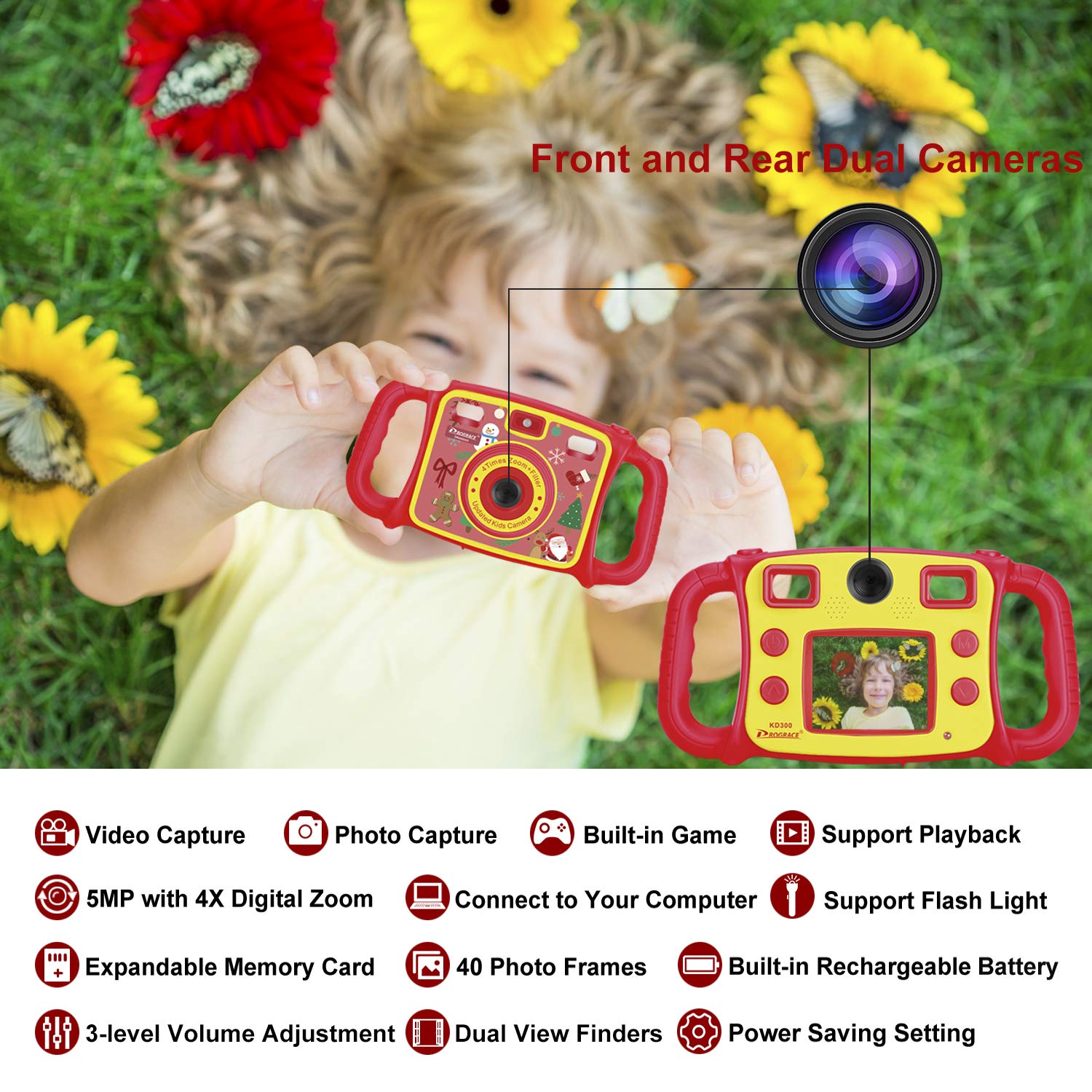 Prograce Kids Camera Dual Camera Selfie Digital Video Camera Camcorder for Boys Girls with 4X Digital Zoom, Flash Light and Funny Game（Red）