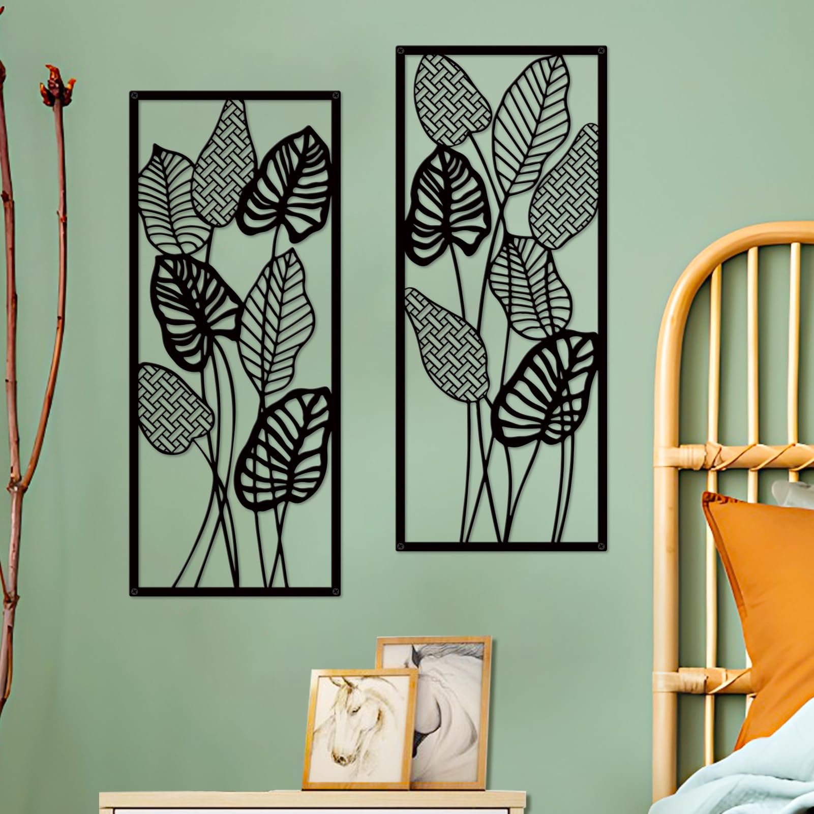 ruelen Wall Decor 2 Pcs Metal Leaf Wall Art, Modern Minimalist Black Metal Leaf Hanging Decor Rustic Farmhouse Wall Decor for Home Living Room Bedroom Bathroom Hallway Office