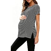 Women's Maternity Shirts Short Sleeve Split Hem Pregnancy Tops Clothes | A Soft, Loose-Fit Mama Tee For Casual Maternity Outfits, Ideal For Daily Wear and Workdays
