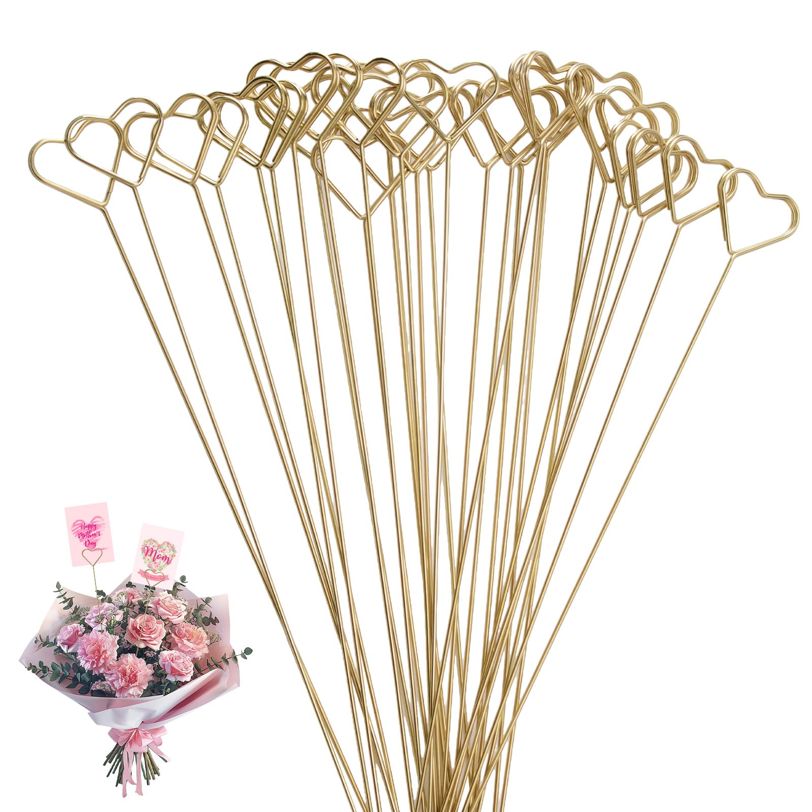WANDIC Heart Shape Flower Picks - 30Pcs Metal Wire Place Card Holders Gold-Plated, Widely Used for Wedding Party Decoration, Floral Arrangement, Home Decoration