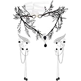 SWEETV Fairy Flower Hairband with Elf Ears, Halloween Fairy Headpiece for Women, Leaf Elf Circlet with Wings Cuff Earrings, Leaf Hairband Set for Photoshoot Cosplay Party (Black-Leaf-A, one size)