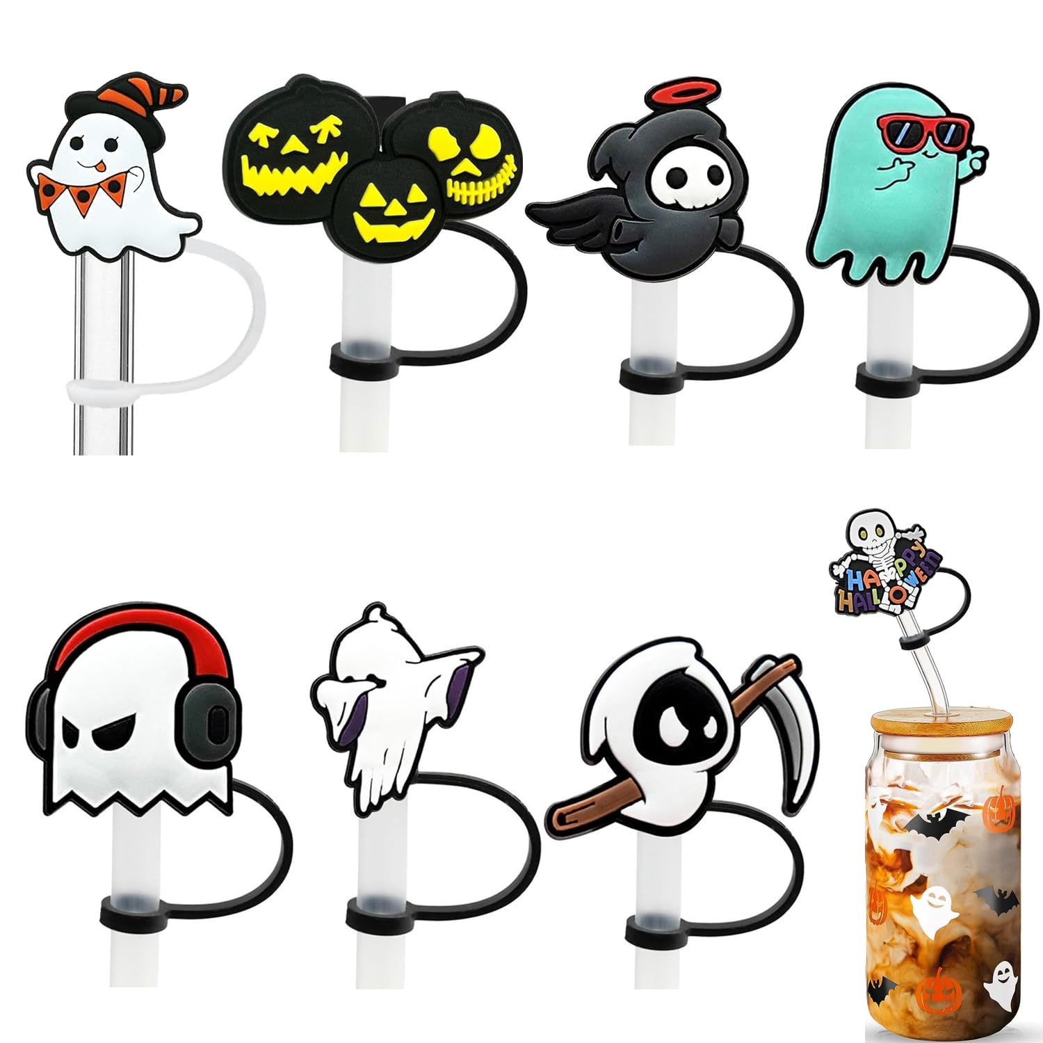 Halloween Straw Covers Cap,Ycoolle 8 Pcs Reusable Silicone Halloween Straw Topper Creative Straws Tips Cover Suitable for 1/4~1/3 inch Drinking Straws Mug Accessories (8)