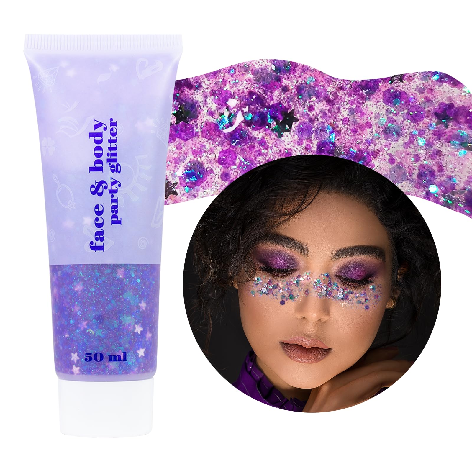 Prreal Body Glitter Gel 50ml, Face Glitters Body Gel Sequins Shimmer Liquid Eyeshadow, Chunky Glitter for Face Hair Nails, Holographic Cosmetic Laser Powder Festival Glitter Makeup#Violet
