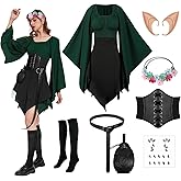 HODBLKT 8PCS Women Elf Costume Renaissance Traditional Irish Dress Fairy Costume Halloween Medieval Dress