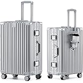 HotWay 20 Inch Aluminum Frame Carry On Luggage with Spinner Wheels, PC Hard Shell Suitcase with Cup Holder, Zipperless Luggage for Business Travel, Silver