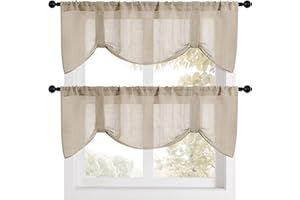 Home Queen Semi Sheer Burlap Tie Up Valances, Super Soft Farmhouse Kitchen Window Treatment for Bedroom and Living Room, 2 Pack, W54 X L20 Inches, Taupe