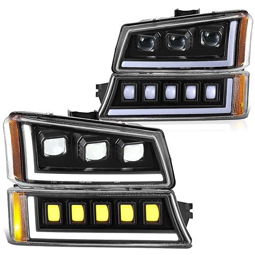 DNA MOTORING Pair Full LED Projector Sequential Headlights Compatible with 03-06 Chevy Silverado 1500 2500 3500 1500HD 2500HD, Start-Up Sequential DRL, Black/Amber, HL-HP8-CSIL03-4P-BK-AM