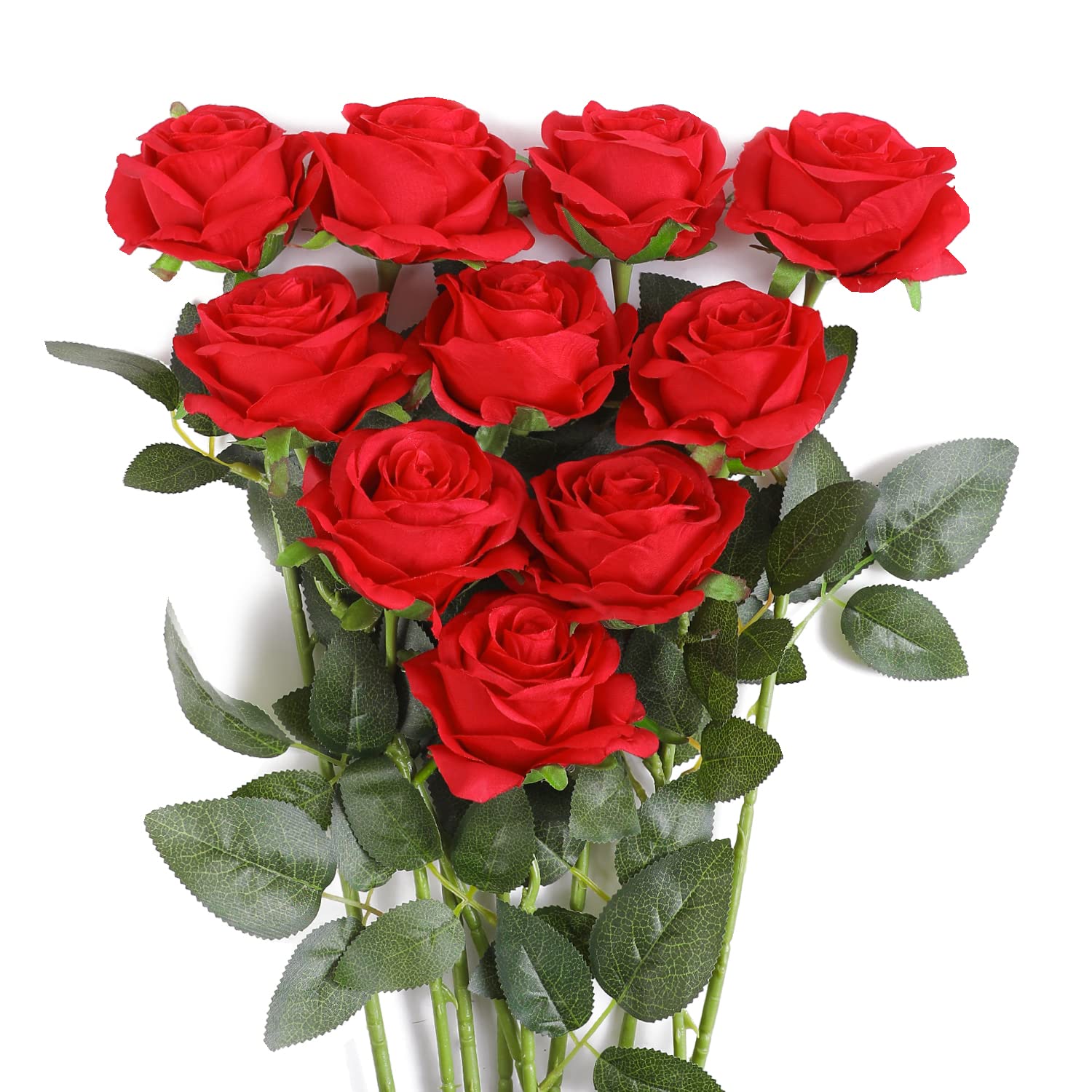 JUSTOYOU 10 PCS Red Rose Artificial,Silk Red Flowers Realistic Bouquet,Single Long Stem Fake Roses for Home Table Office Party Wedding Garden Arrangements(10 PCS，Red)