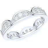 THELANDA Sterling Silver Stackable Waves Crown Simulated Round Diamond or Genuine Moissanite Full Eternity Band Wedding Ring