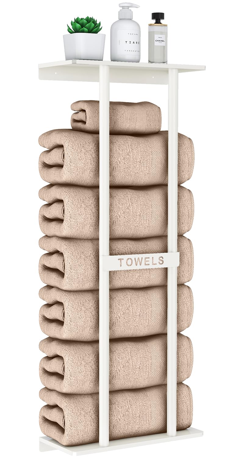 Photo 1 of STWWO Wall Towel Rack for Rolled Towels, Towel Storage for Small Bathroom Can Holds 6 Large Towels, 30 inch Towel Racks with Shelf, White