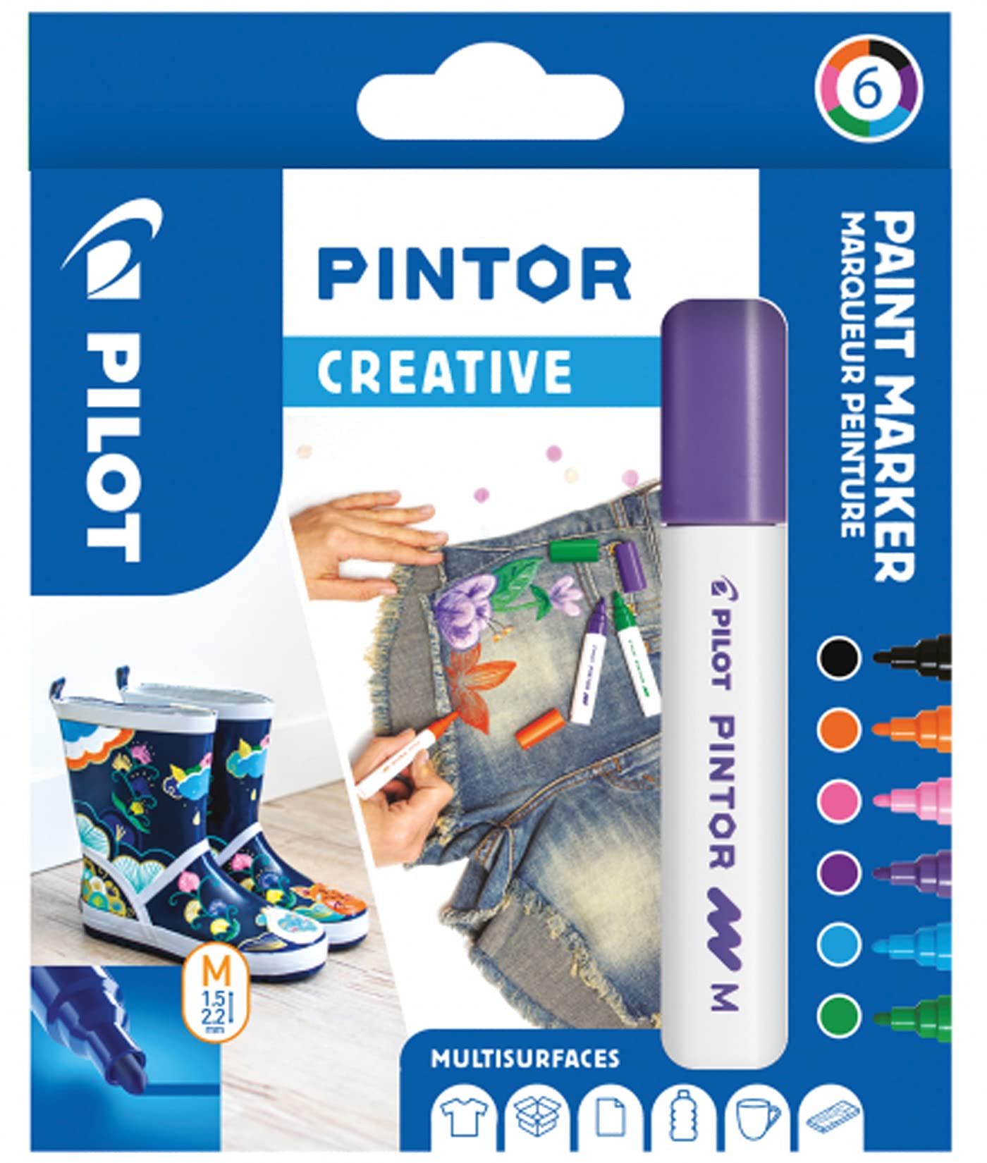 Pilot - Pintor, Wallet of 6 Creative Multi-Surface Water-Based Permanent Markers - Quick Dry - For Fabrics, Glass, Wood, Stone, DIY/Amateur Artists - Medium Tip - Assorted Creative Colors