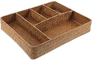 FUOYLOO Large 5-Compartment Divided Basket Organizer Woven for Bathroom Drawer and Remote Controls Storage