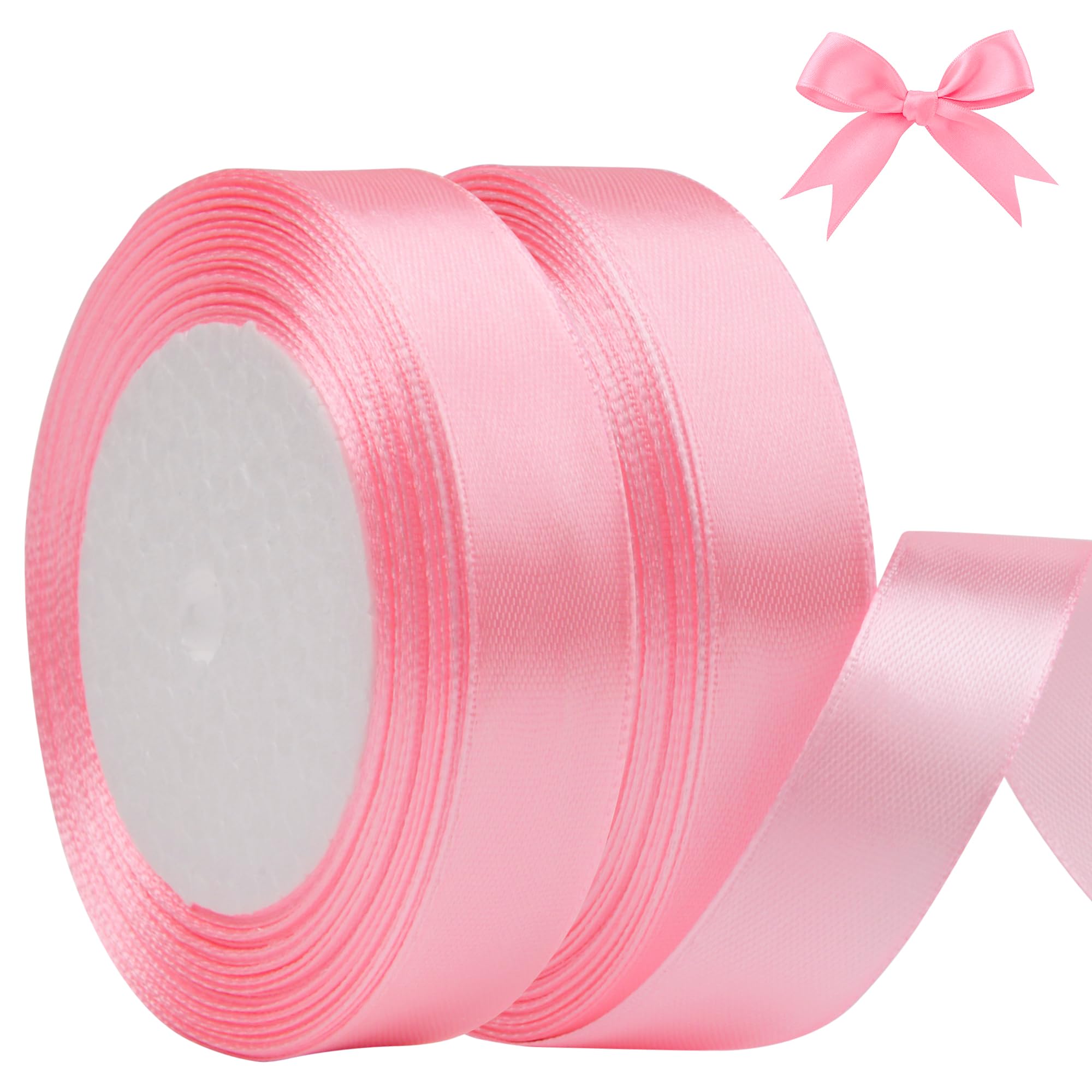 KEYIDO Pink Ribbon 20mm Wide, 50 Yards Pink Satin Ribbon for Gift Wrapping, Hair Bow, Florist, Crafts, Car, Wedding, Christmas Party Decoration (25 Yards/Roll)