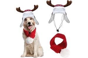 YASUTGAS Christmas Antler Check Dog Santa Hat and Xmas Pet Red Knit Scarf with White Pompom Ball - Winter Neck Warmer and Festive Party Dress-up for Pets (Large)
