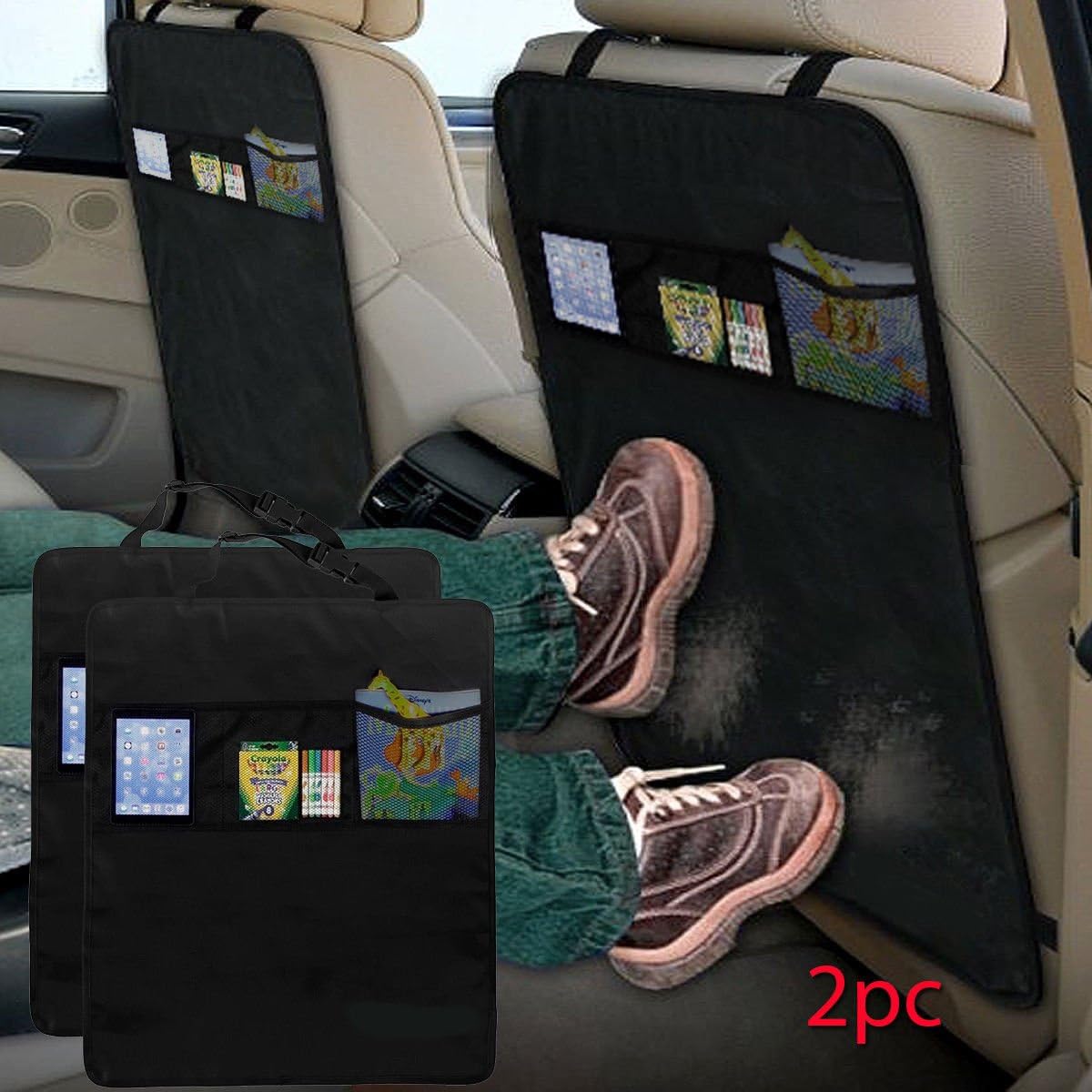 FiNeWaY® Set of 2 Kick Mat Car Seat Protector Cover 3 Mesh Pockets Toy Storage Organiser Kids (2PCS KICK MATS)