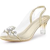 Perphy Peep Toe Flower Rhinestone Slingback Clear Chunky Heels Sandals for Women