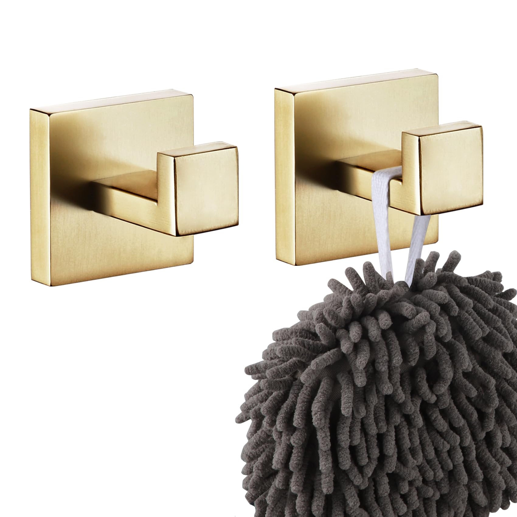 KOKOSIRI Bath Towel Hook Wall Mount Square Robe Hook Coat Hook, Bathroom Kitchen Garage Heavy Duty Wall Mounted, SUS 304 Stainless Steel, Brushed Gold, B1010BG-P2