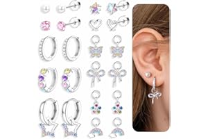 FIBO STEEL Silver Hypoallergenic Earrings for Girls Women - Surgical Steel Flat Back Small Stud Hoop Earring with Colorful CZ Charms Dainty Cute Toddler Earrings Set for Sensitive Ears Little Girl Jewelry for Kids Over 3 Years Old
