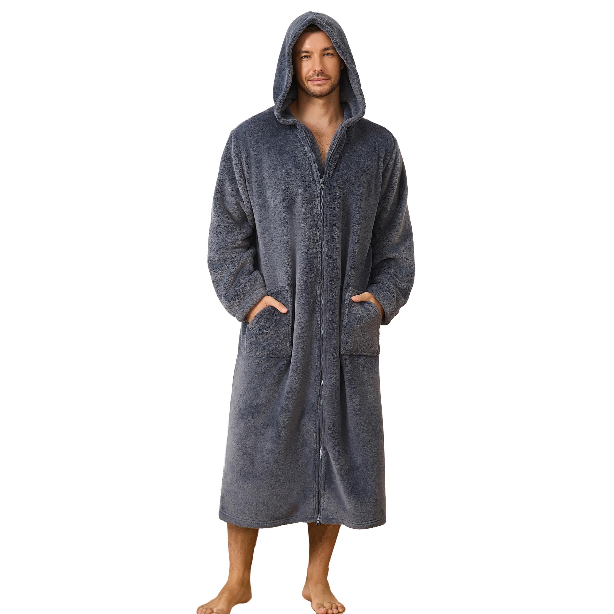 Photo 1 of *******Zipper is broken******** U2SKIIN Men's Plush Fleece Hooded Robe, Soft Warm Long Bathrobe with Pockets, Cozy Spa Shower Robe for Men with Front Zipper(DARK GREY,2XL/3XL)