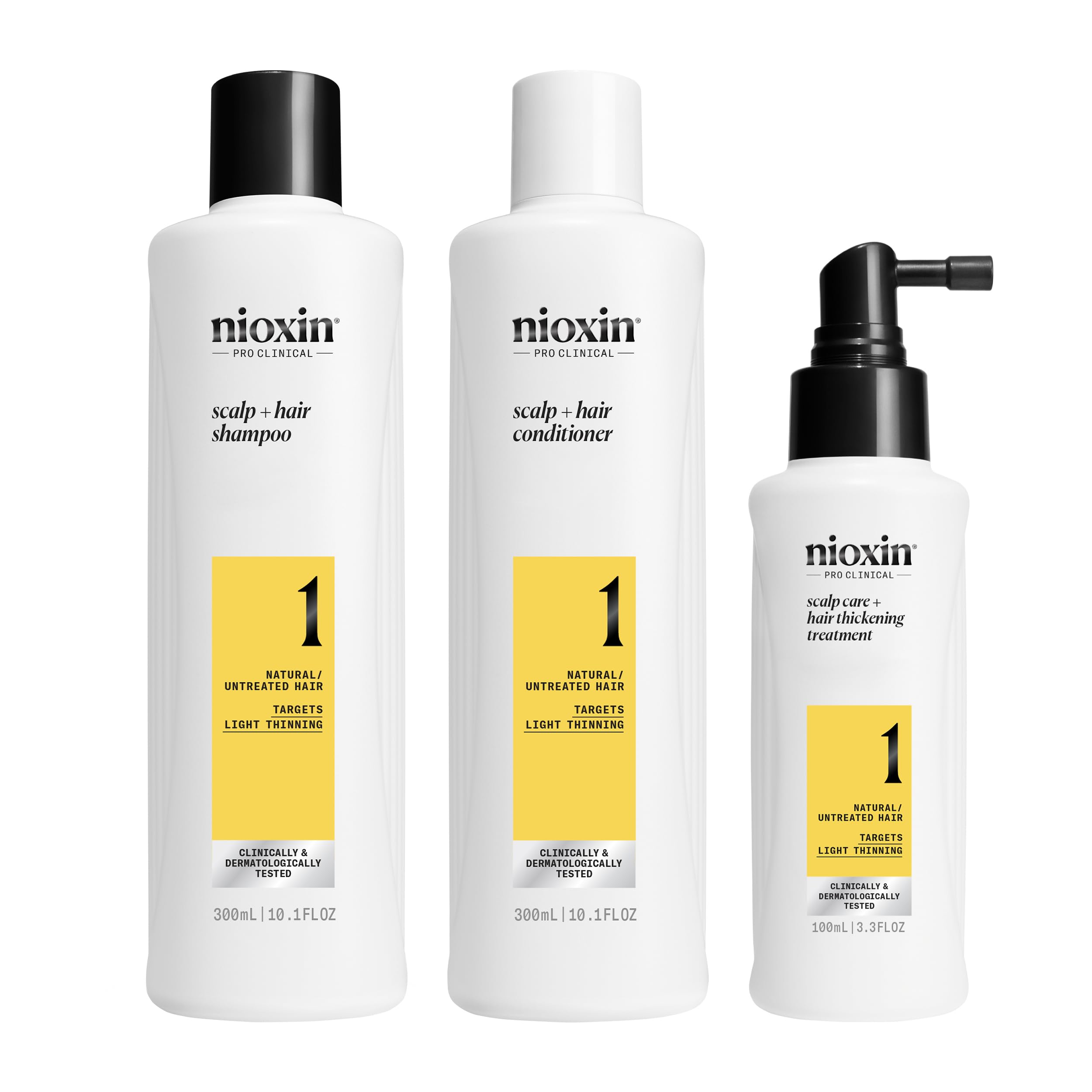 Nioxin Scalp + Hair Thickening System 1 Loyalty Kit - Hair Thickening System for Natural Hair with Light Thinning - Shampoo, Conditioner & Scalp Treatment, 300+300+100ml