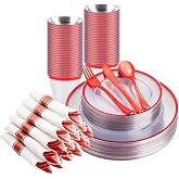 BESTSTAR 175PCS Clear and Red Disposable Plates Set for 25 Guests for Party | Red Plastic Plates, Include 50 Plastic Plates, 25 Plastic Cups, 25 Pre-Rolled Napkins with Cutlery for Christmas, Birthday