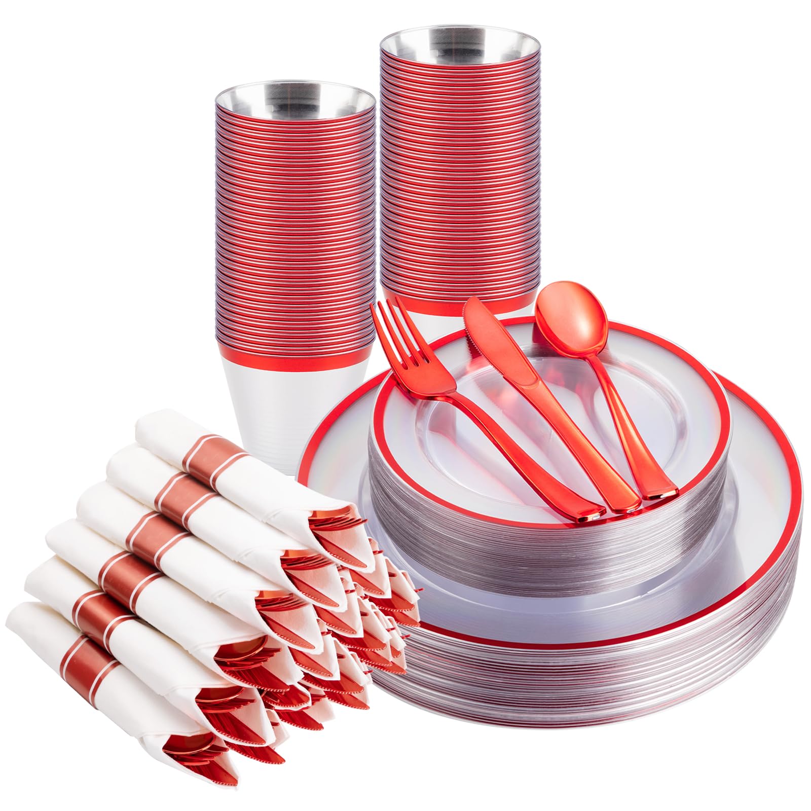 Photo 1 of BESTSTAR 175PCS Clear and Red Disposable Plates Set for 25 Guests, 50 Plastic Plates, 25 Cups, 25 Pre-Rolled Napkins with Plastic Cutlery