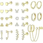 LOFITOR Gold Earrings for Women Hypoallergenic 20G Surgical Stainless Steel Flat Back Stud Earrings Dainty Stackable Earring Stacks Hoop Cartilage Earring Sets for Multiple Piercing