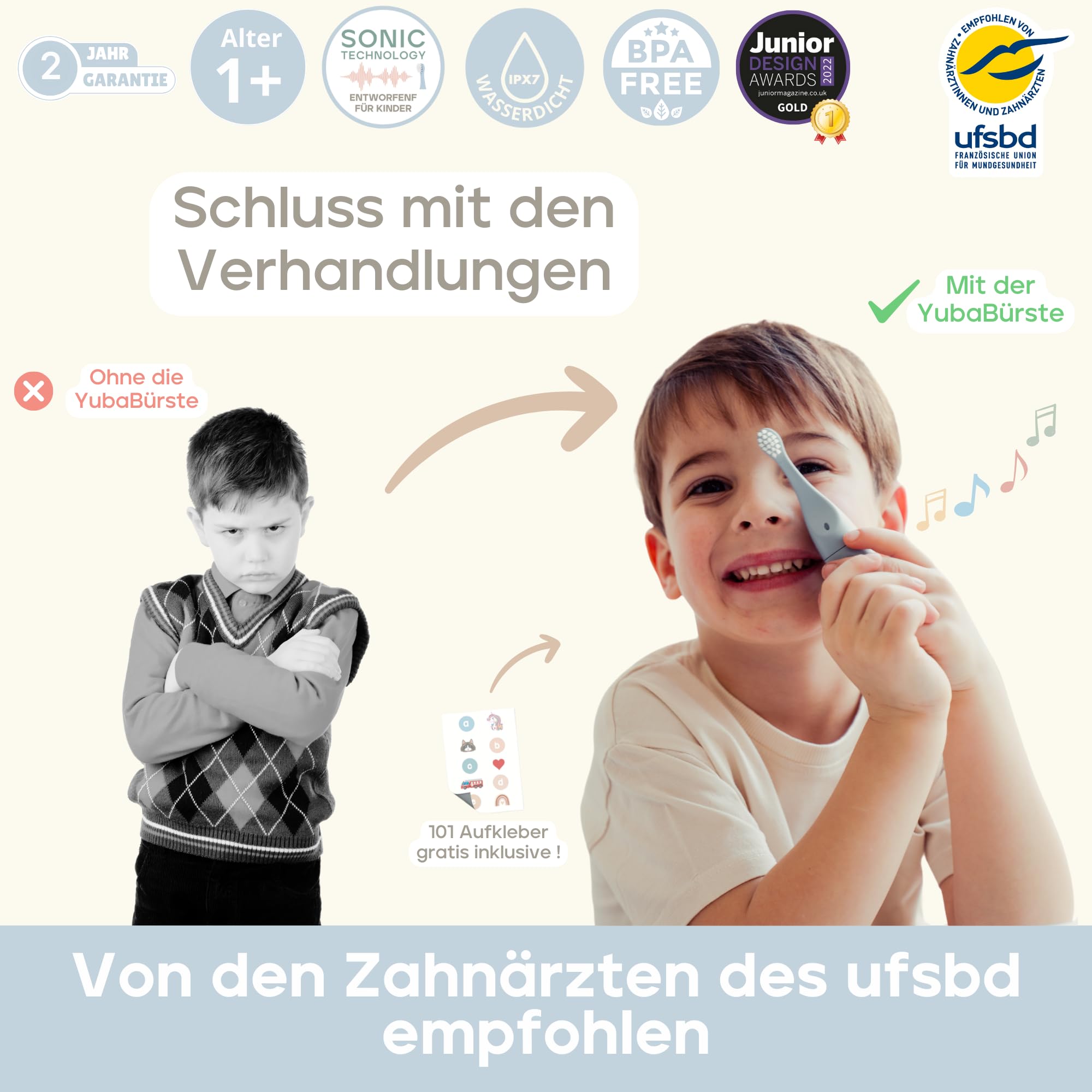 YUBABO – Elektrische Kinderzahnbürste mit Musik und Baby-Modus – 2 Schallmodi – 100 Tage Akkulaufzeit – 2-Minuten-Timer – 101 Aufkleber – Von Zahnärzten empfohlen – 1 bis 3 Jahre – Blau 7