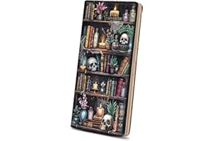 Immaturus Womens Wallet, Goth Skull Bookshelf Slim Thin RFID Blocking Credit Card Wallets, Long Bifold PU Leather Card Holder Organizer, Cash Clutch Billfold with Zipper Coin Pocket Ladies Girls Gift