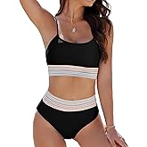 Buauty Bikini Sets for Womens Tummy Control Swimsuits High Waisted Two Piece Bathing Suits Color Block Spaghetti Straps 2026