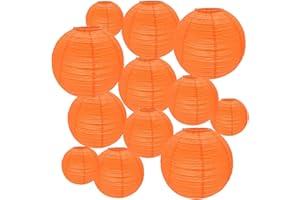 Peywot 12Pcs Round Paper Lanterns Assorted Sizes (6" 8" 10" 12") for Home Decor, Restaurant, Church, Wedding, Birthday Party Decorations, Hanging Chinese Japanese Paper Lantern Lamps (Orange)