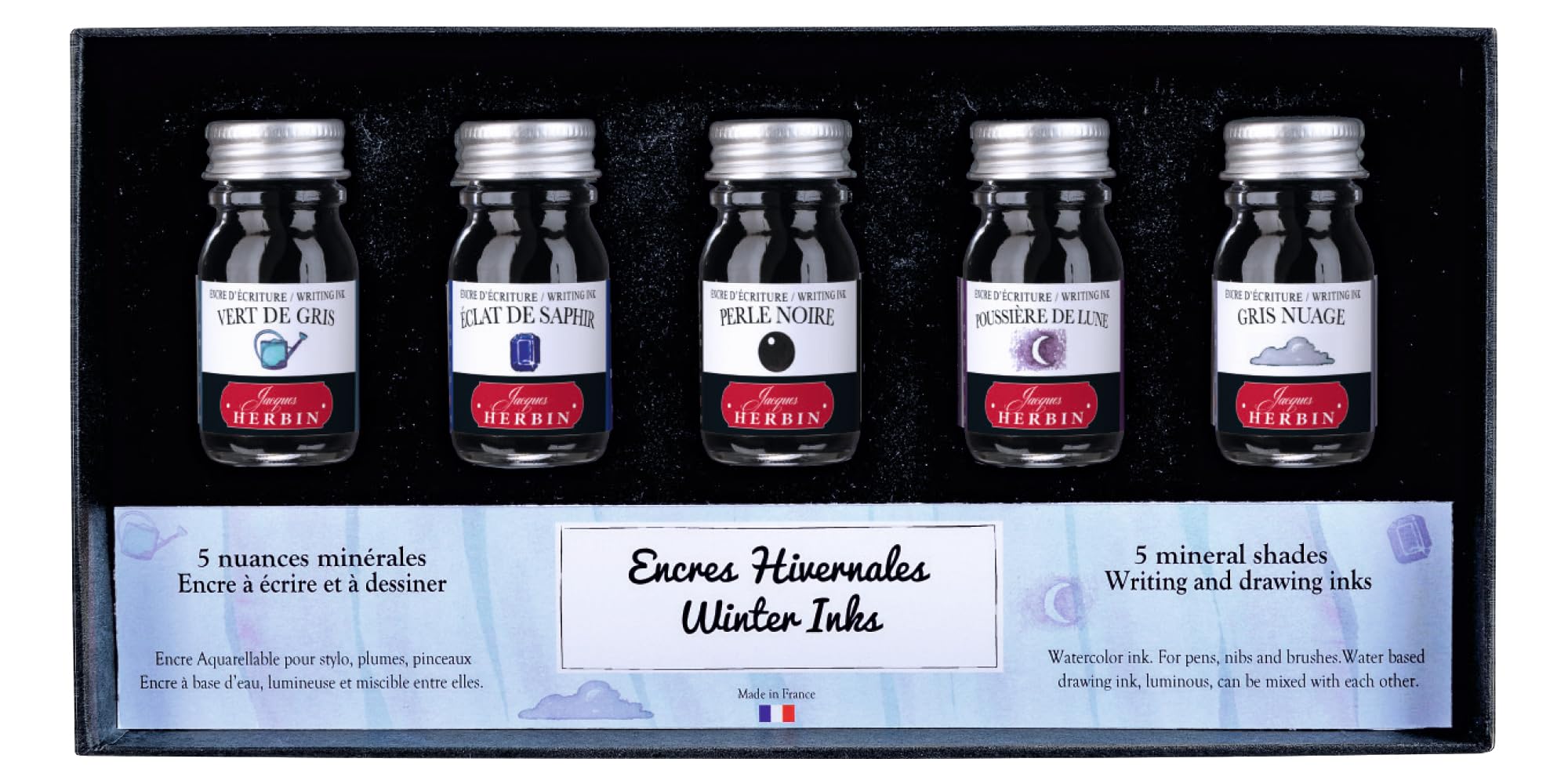 Jacques Herbin 18504T - Set of 5 bottles of 10 ml ink for fountain pens and rollerball pens, assorted winter Colours. Made in France - Drawing - Writing