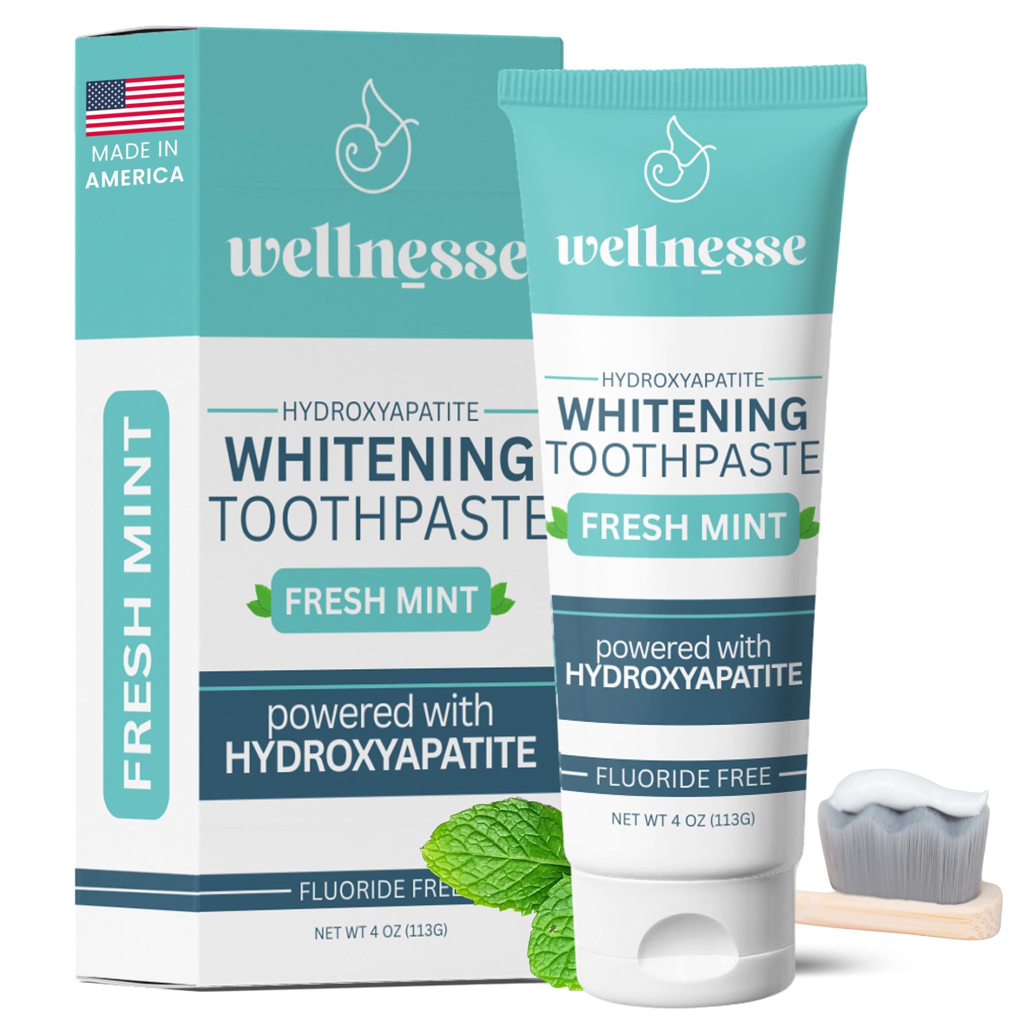 Wellnesse: Whitening Toothpaste - Fresh Mint - 1 Tube, 4 oz - Clean Teeth, Soothe Gums and Freshen Breath - Cruelty-Free, Non-GMO - No Parabens, Sulfates, Glycerin, or Fluoride