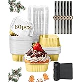 YQER 60 Pack 10oz Mini Cake Pans with Lids, Spoons, Stickers - Disposable Square Brownie Baking Cups - Individual Small Aluminum Foil Loaf Tins for Muffin, Ramekins, Cupcake - Catering, Gift, Gold