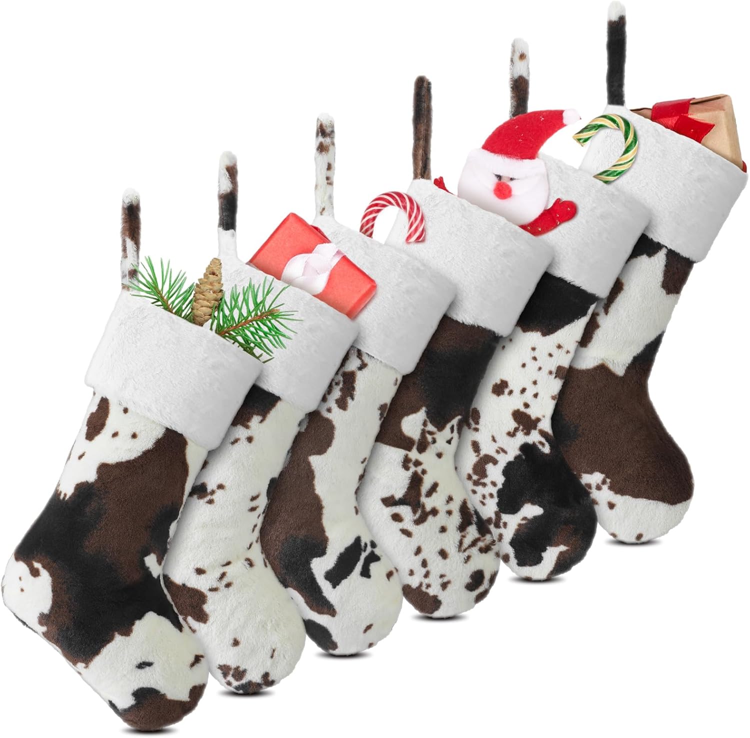 Stockings & Holders - Glimin 6 Pcs Cow Print Christmas Stockings 20 Inch Cow Faux Fur Christmas Stockings Large Plush Cuff Stockings Hanging Ornaments for Xmas Party Christmas Tree Fireplace Farmhouse Western