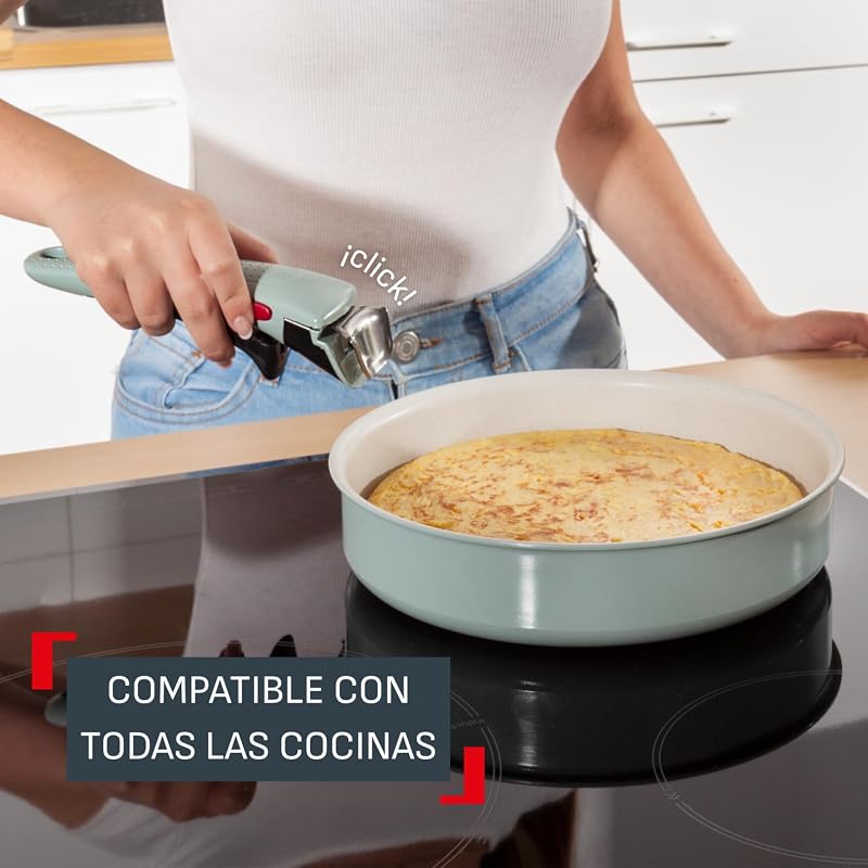 Ingenio Serenity - Conjunto de 2 Tabuleiros 22/28 cm + Panela 20 cm + Pega removível, revestimento antiaderente, Empilhável, Indução, Lavar loiça e forno, Eucalipto