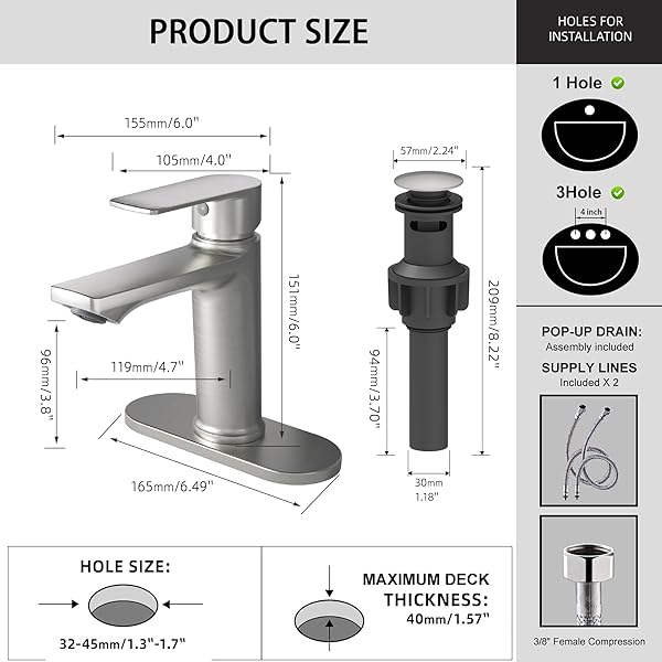 BELZ BRUSHED NICKEL BATHROOM FAUCET, MODERN SINGLE HANDLE ONE HOLE BATH VANITY SINK FAUCET WITH POP UP DRAIN AND DECK PLATE FOR 1 OR 3 HOLES