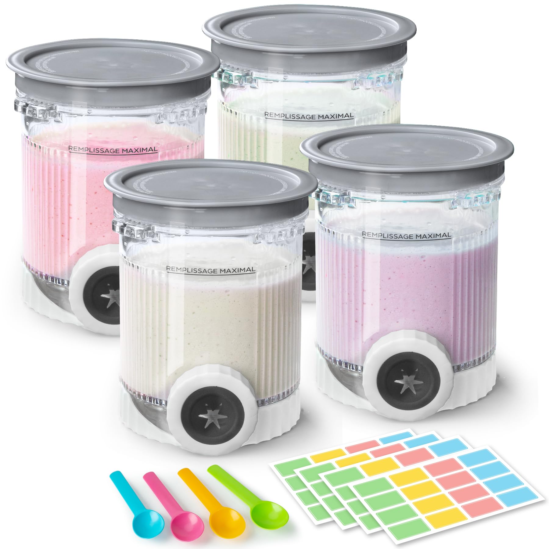 View 1 of ***MISSING ONE*** GuanQiao 4 Pack Creami Swirl Pints & Lids for Ninja, Compatible with NC700 Series Ninja Swirl Ice Cream & Soft Serve Makers, with 4 Spoons & 64 Writable Labels, BPA-Free & Dishwasher Safe, Grey Lids