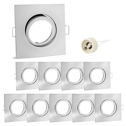 10er Set linovum® Einbaustrahler Rahmen - Einbaurahmen schwenkbar eckig Alu gebürstet inkl. GU10 Fassung für LED, Halogen