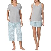 Carole Hochman Women's 4-Piece 100% Cotton Pajama Set – V-Neck T-Shirt, Tank, Capri Pants & Shorts with Drawstring & Pockets