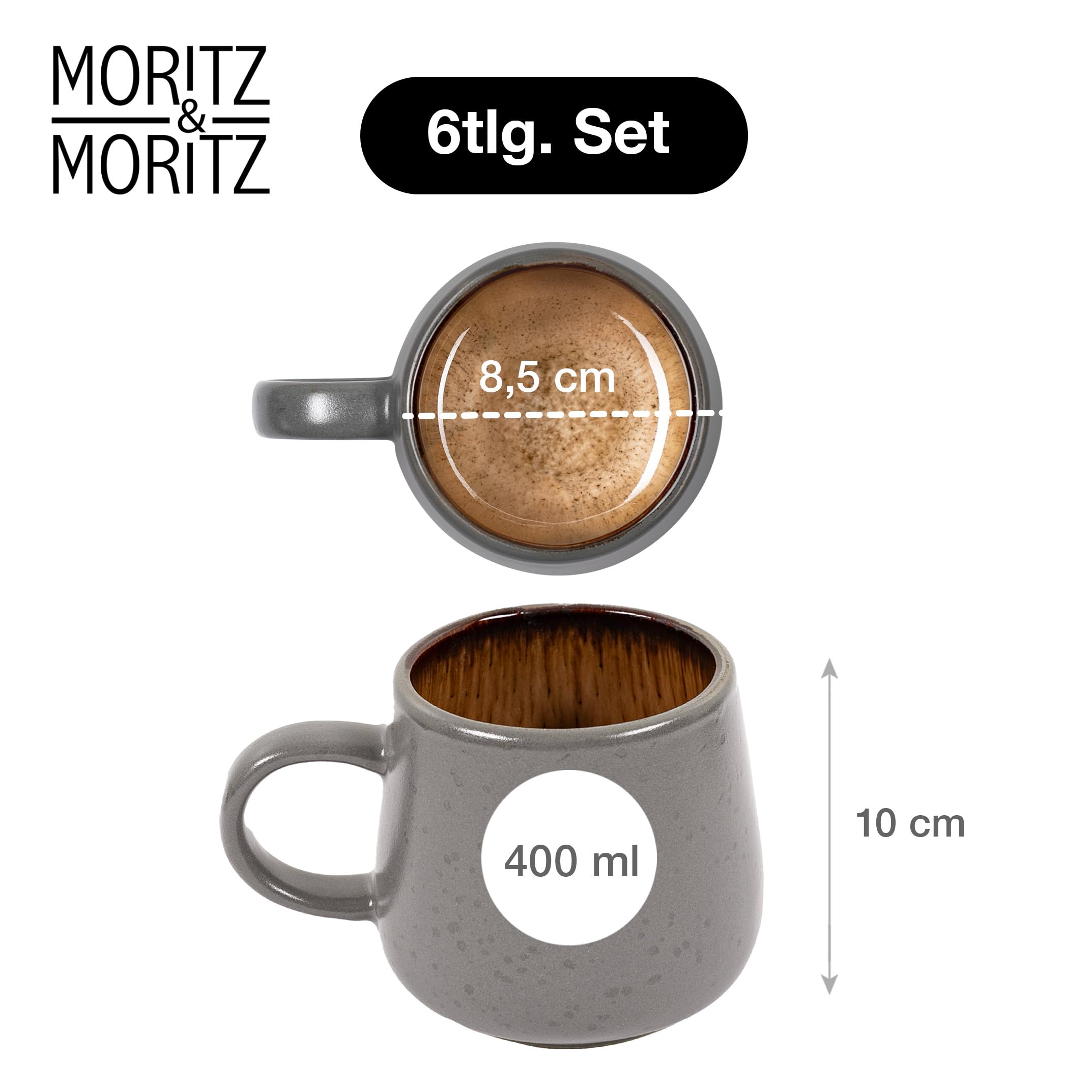 Moritz & Moritz SOLID 6er Tassen Set Grau/Beige - Kaffeebecher Set aus robustem Steinzeug - 400ml Volumen - Spülmaschinen- & mikrowellenfest - Perfekt für Kaffee, Tee & mehr 2