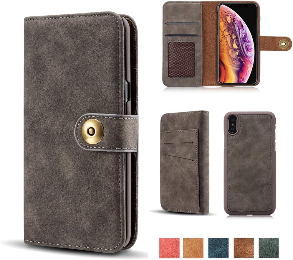 iPhone Xs Max Case, [Magnetic Detachable] Flip Wallet PU Leather Slim Case Retro [4 Card Holder] Slot Wallet Removable Protective Folio Book Cover for iPhone Xs Max 6.5" - Gray