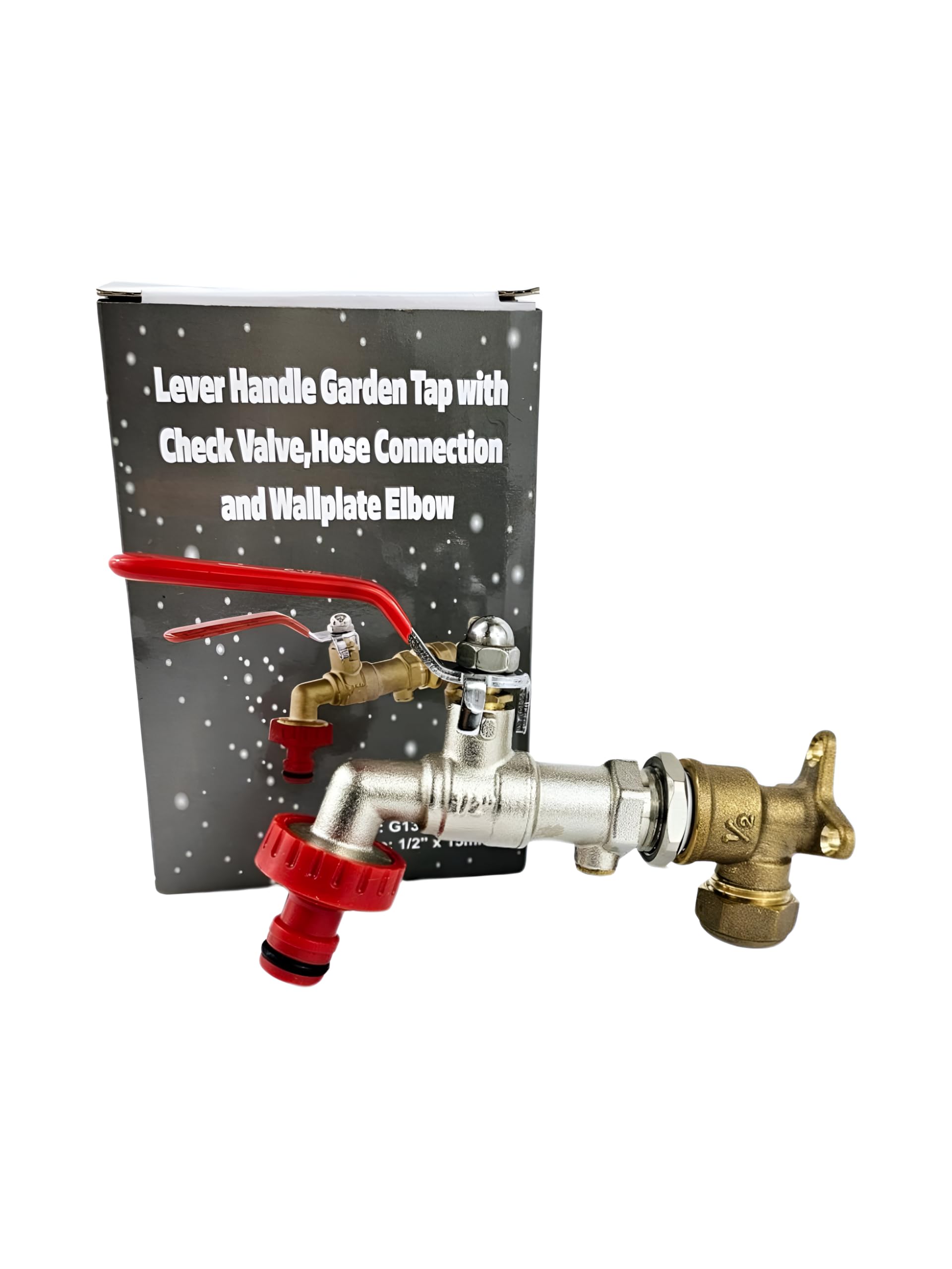 Wärmer System Outside Garden Tap Wall Mounted with Check Valve and Wallplate Elbow Fixture, 1/2 inch (Garden Tap with Lever Handle and Hose Connector)