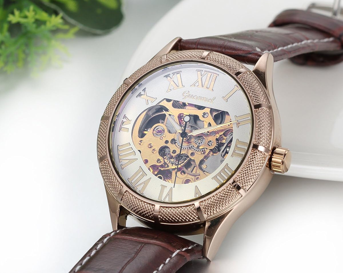 JewelryWe Classic Skeleton Mechanical Movement Wristwatch Brown Leather Business Men's Watch - Image 4