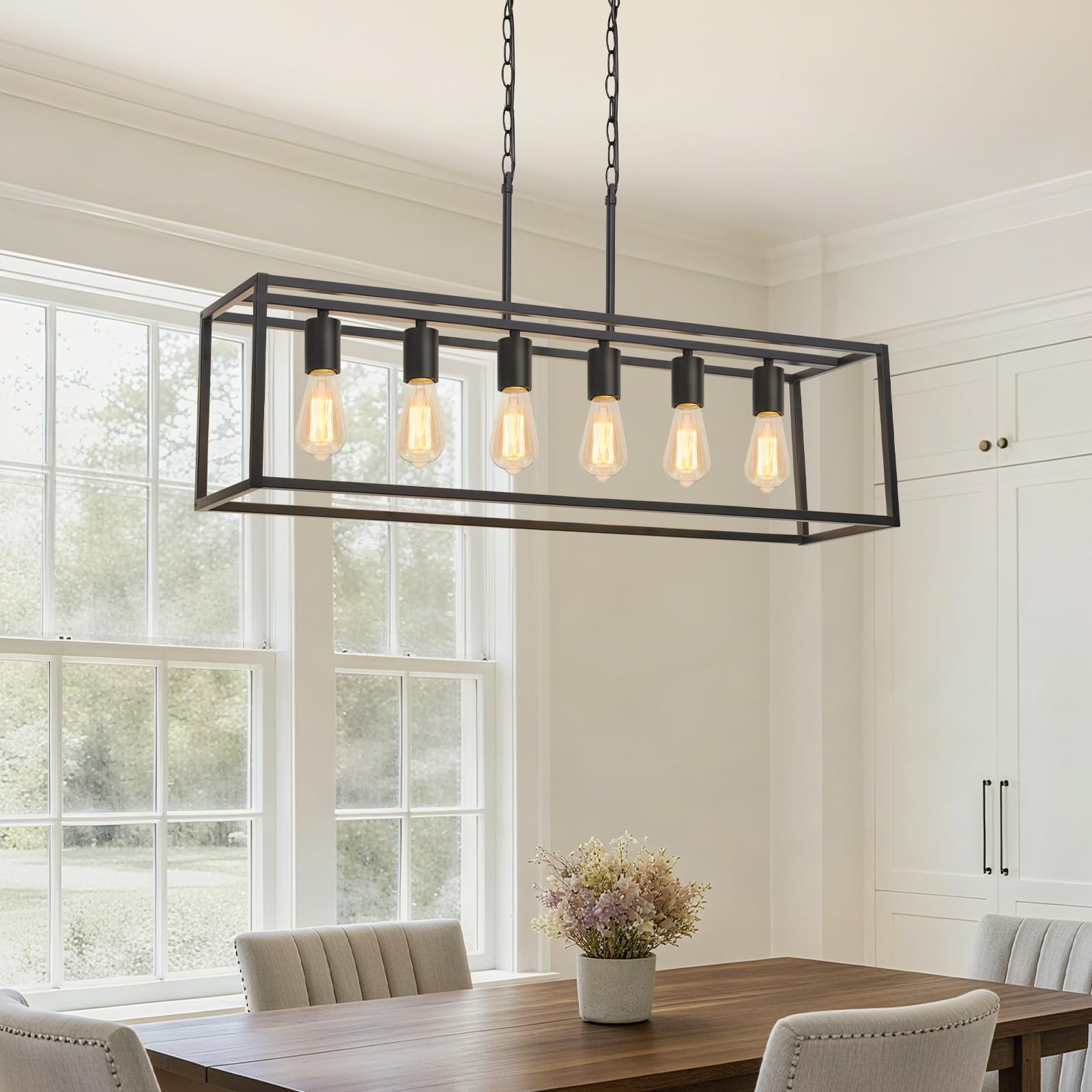 Photo 1 of ****REFERENCE****Boncoo 6 Light Black Chandeliers for Dining Room, Adjustable Height Linear Chandelier Kitchen Light Fixture, Modern Farmhouse Chandelier Rectangle Island Light for Kitchen Hanging Light Fixtures