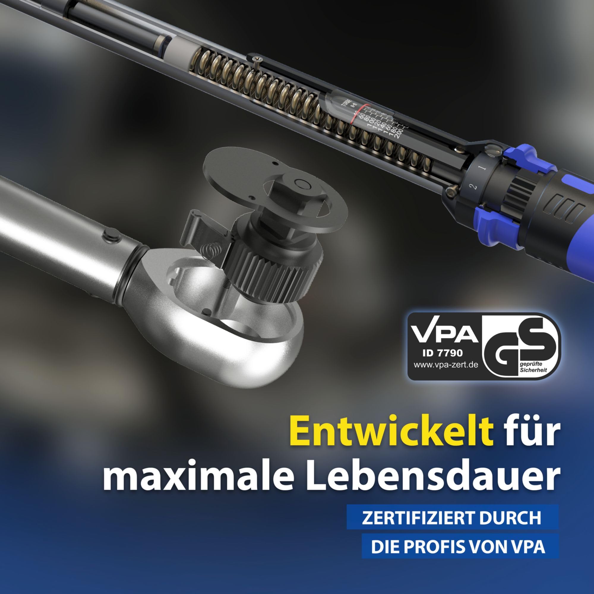 Goodyear Premium Drehmomentschlüssel, Einstellbar von 42 bis 210 Nm, Antrieb 1/2" Vierkant, inkl. Verlängerung und Stecknüsse 17 mm und 19 mm, Blau, Schwarz, Silber 6