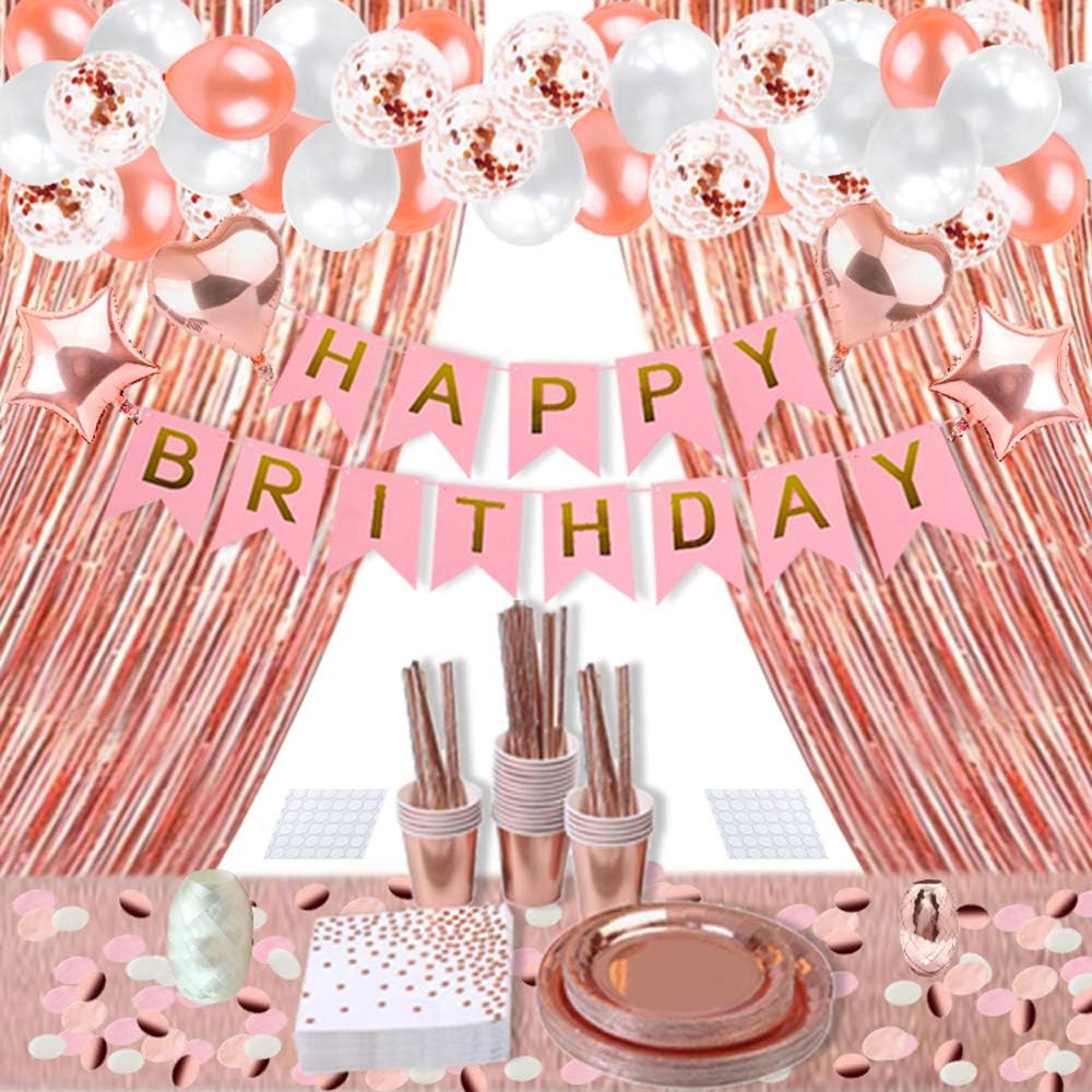 Rose Gold Birthday Party Decorations, Rose Gold Party Decorations Set for Girls Or Women, Happy Birthday Banner, Curtains, Table Runner, Balloons, Plates, Cups, Tissue for 24 Guest by JSN Party: Health & Personal Care