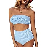 Saodimallsu Women High Waisted 2 Piece Bikini Set Bandeau Ruffle Swimsuit Top Striped Bathing Suits