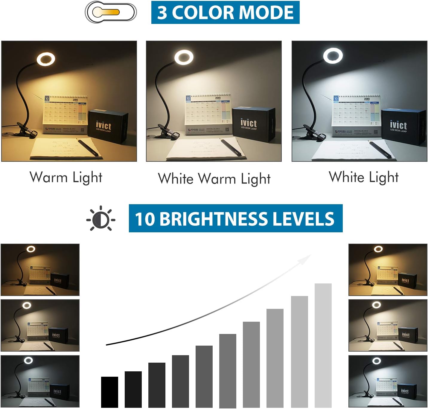 Clip on Light Reading Lights - iVict 24 LED USB Book Clamp Light with 3 Color Modes, 10 Brightness Dimmer and Auto Off Timer, Eye Protection Kids Desk Lamp, 360 ° Flexible Gooseneck Bed Night Light: Home Improvement